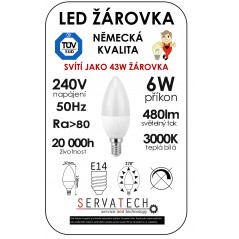 LED žárovka svíčka C30 6W / 43W 240V E14 480lm 270° 20.000h teplá