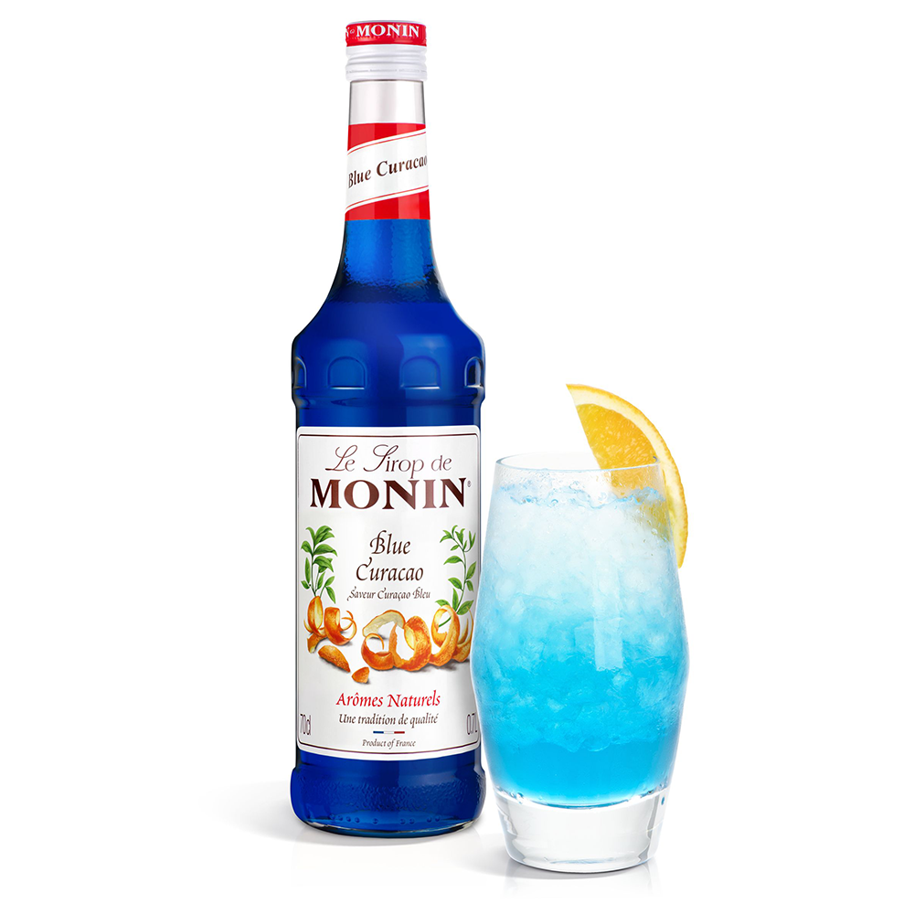 MONIN Curaçao Blue s modrým nápojem